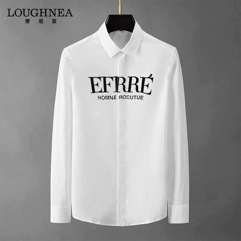 LOUGHNEA高端植绒字牌白色长袖衬衫男春秋款棉质修身休闲潮牌衬衣