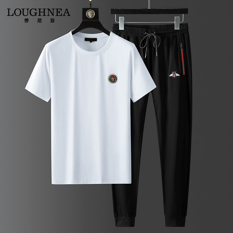 LOUGHNEA轻奢烫钻冰丝短袖休闲套装男小蜜蜂时尚潮流运动服两件套
