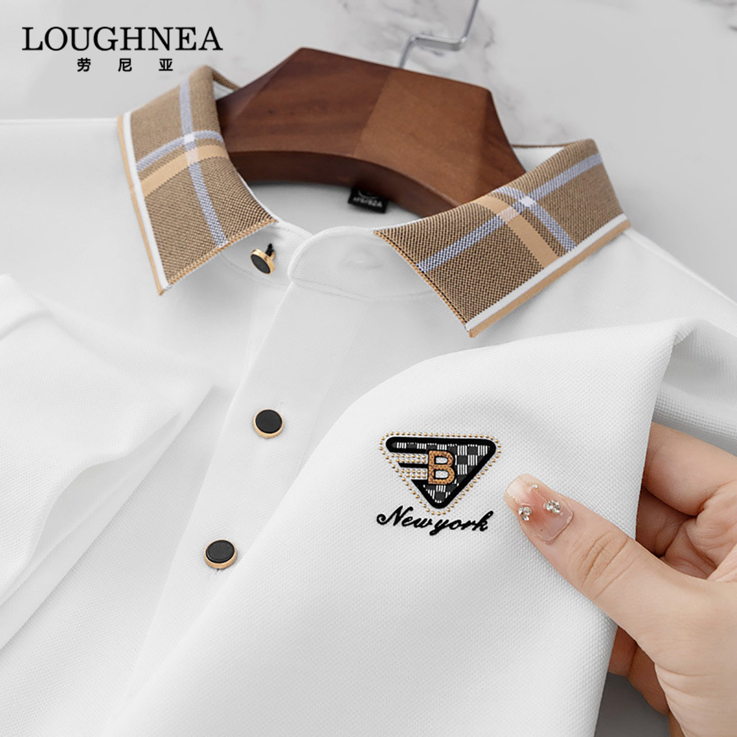 LOUGHNEA高端商务休闲翻领长袖POLO衫男春秋含桑蚕丝拼色条纹T恤