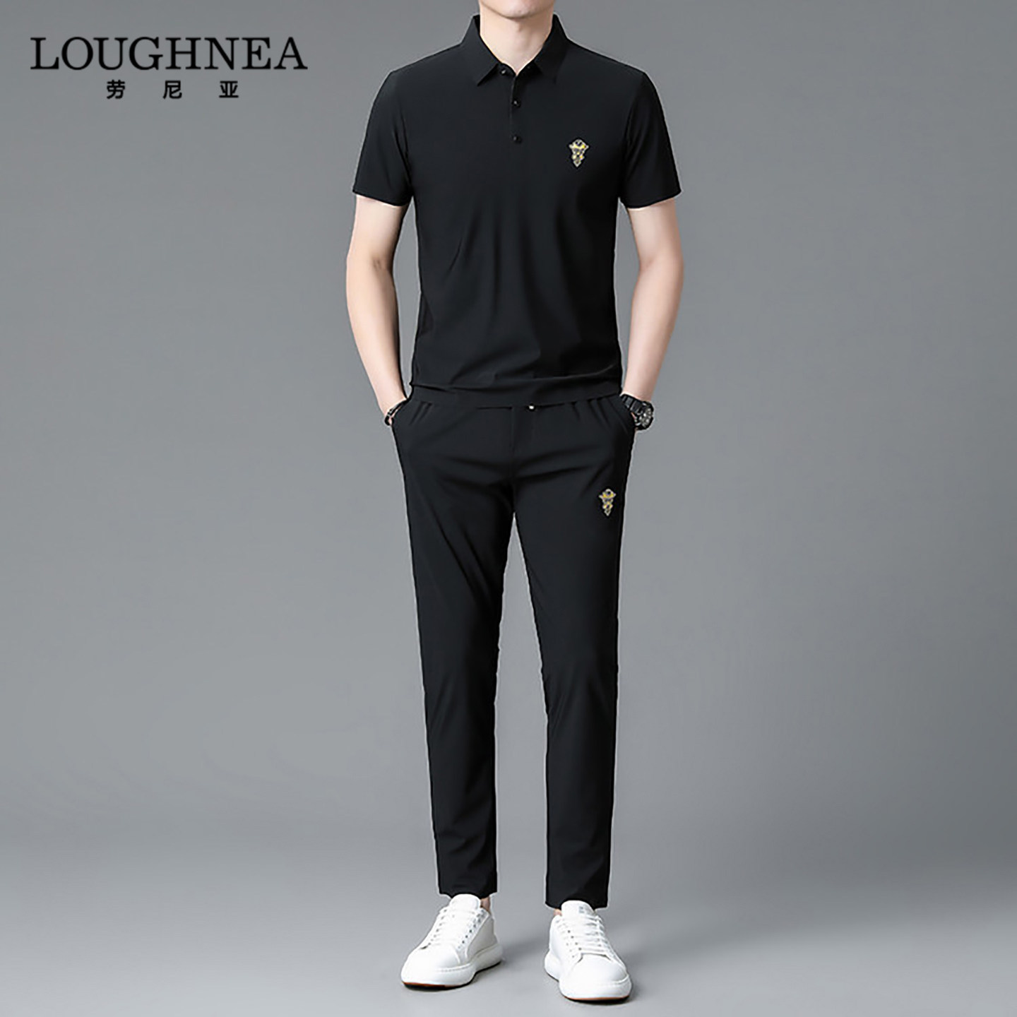 LOUGHNEA高端夏季凉感冰丝运动套装男时尚商务翻领T恤长裤两件套