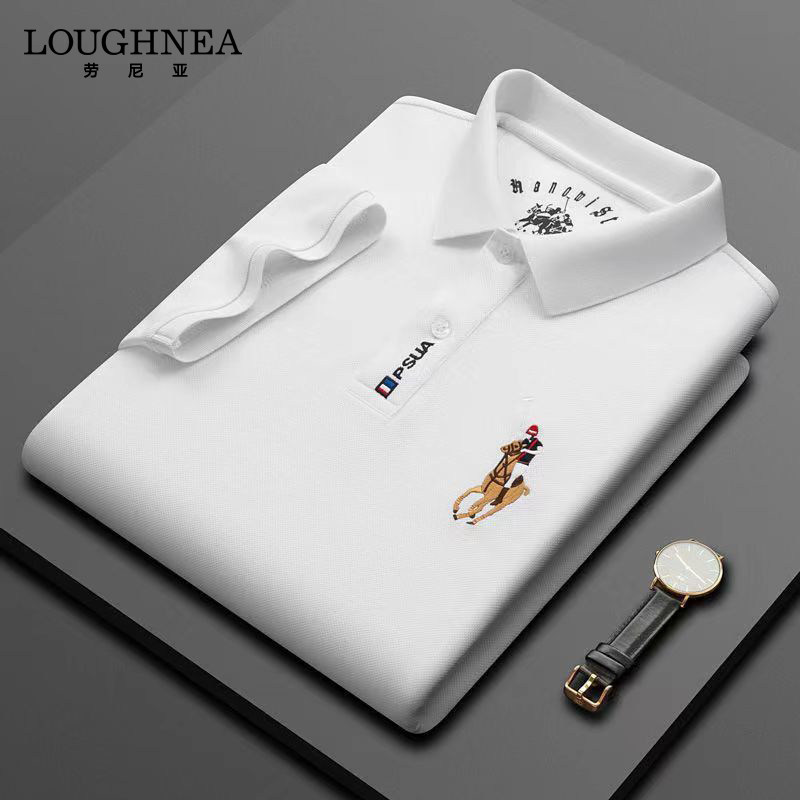 LOUGHNEA高端商务刺绣白色POLO衫男士2025夏季全棉翻领短袖T恤衫