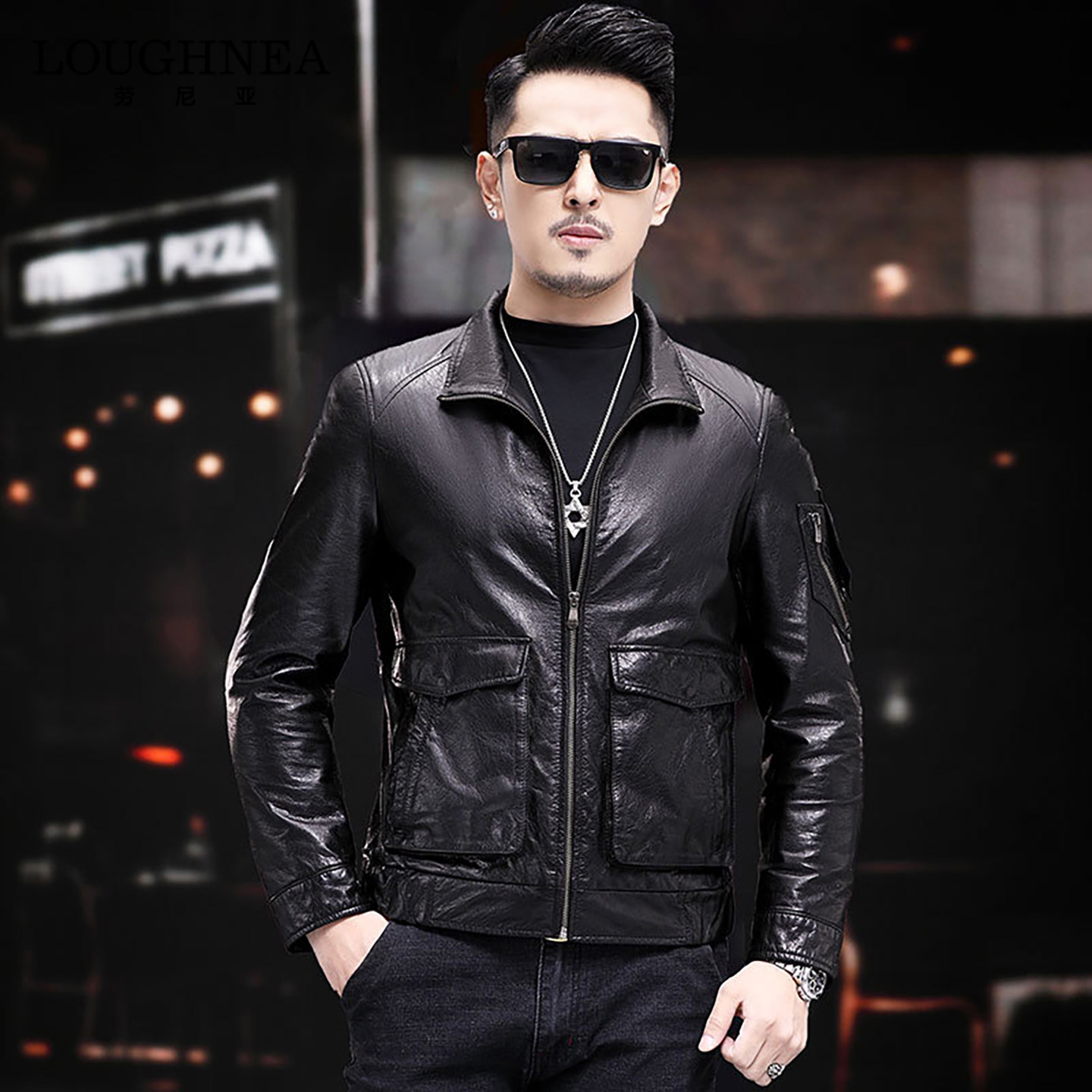 LOUGHNEA高档头层牛皮机车皮衣外套男春秋中年帅气修身短款皮夹克
