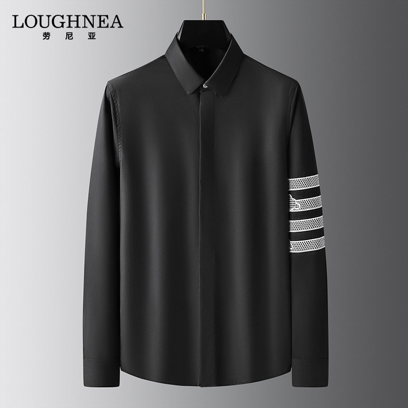 LOUGHNEA轻奢四条杠黑色长袖衬衫男春秋潮流上衣休闲免烫刺绣衬衣