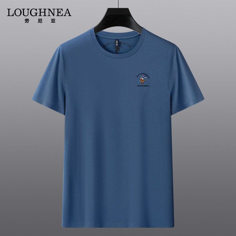 LOUGHNEA高端圆领纯棉T恤男短袖春季新款透气凉感刺绣纯色半袖衫