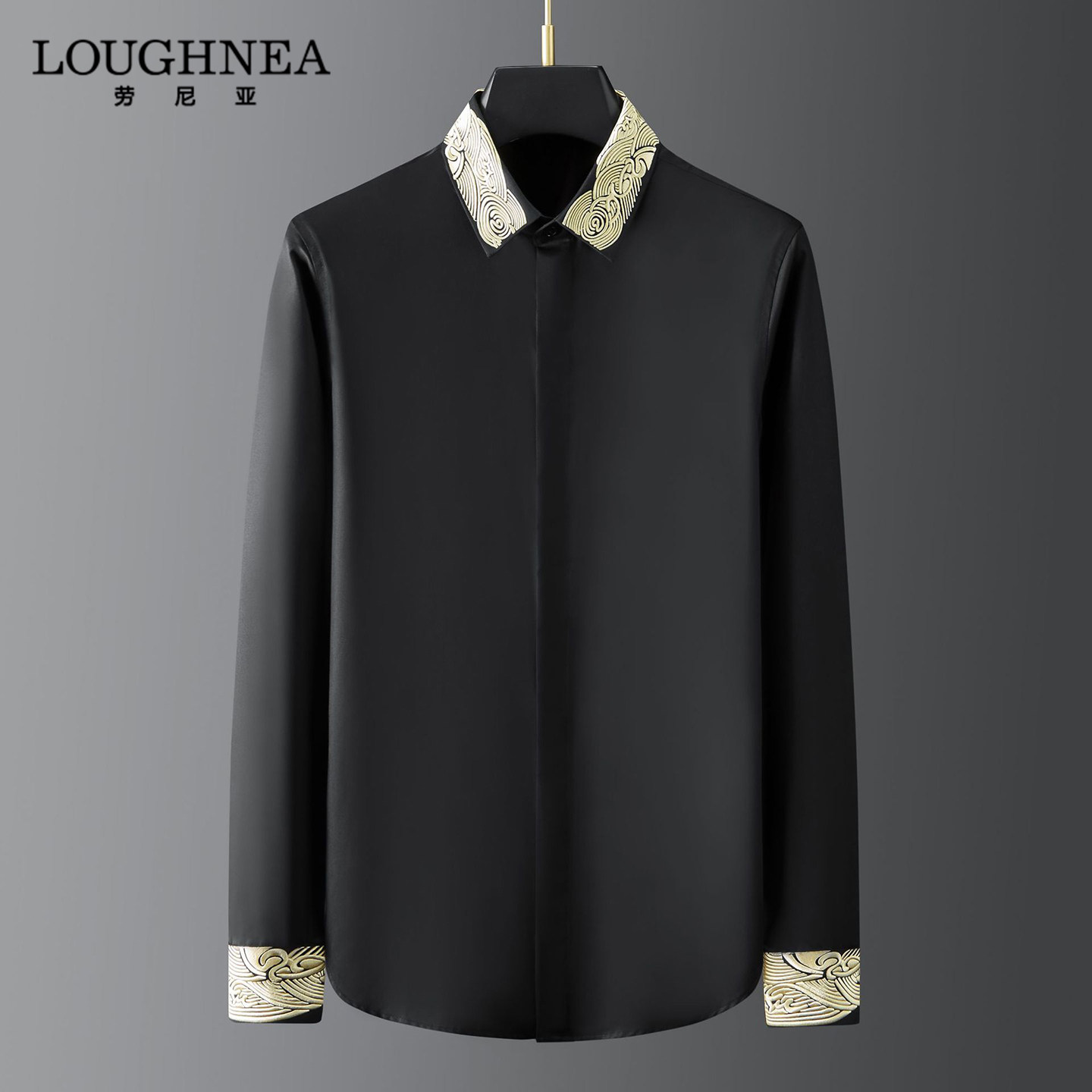 LOUGHNEA轻奢祥云刺绣新中式黑色衬衫男长袖春秋新款订婚新郎衬衫