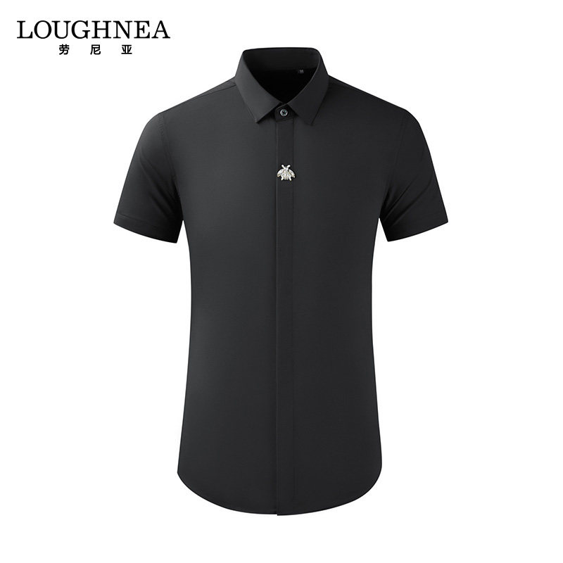 LOUGHNEA轻奢手工缝制小蜜蜂装饰黑色衬衫男短袖修身免烫商务衬衣