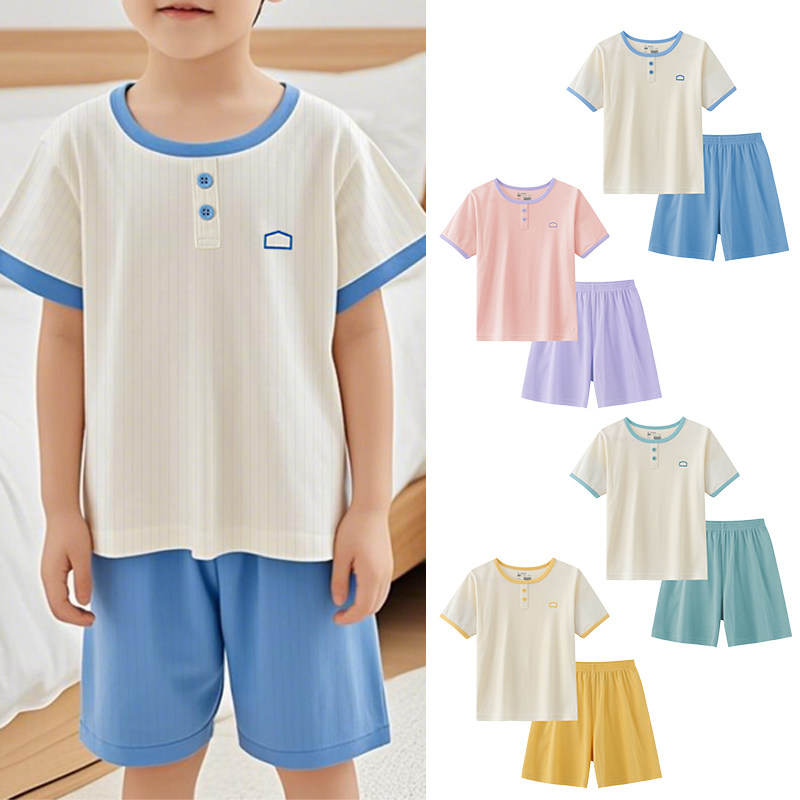 出口日本夏季清薄、儿童提花短袖家居服套装男童女童短袖两件套装