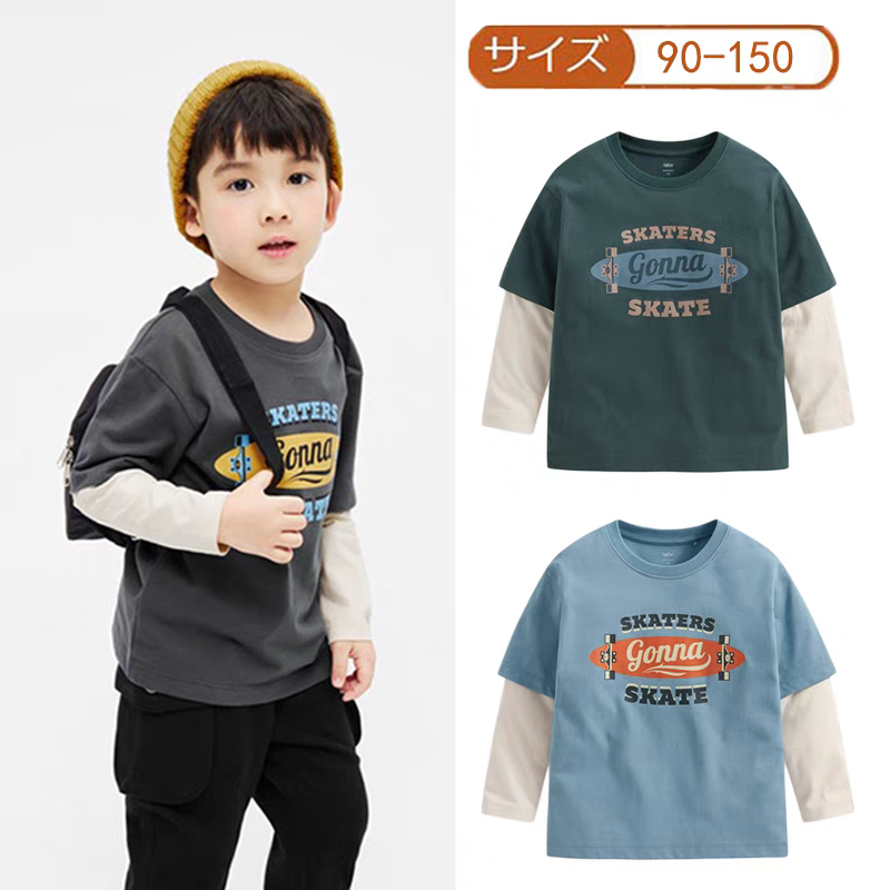 日单童装春秋纯棉印花男女童假两件上衣柔软字母体恤童装套袖外搭