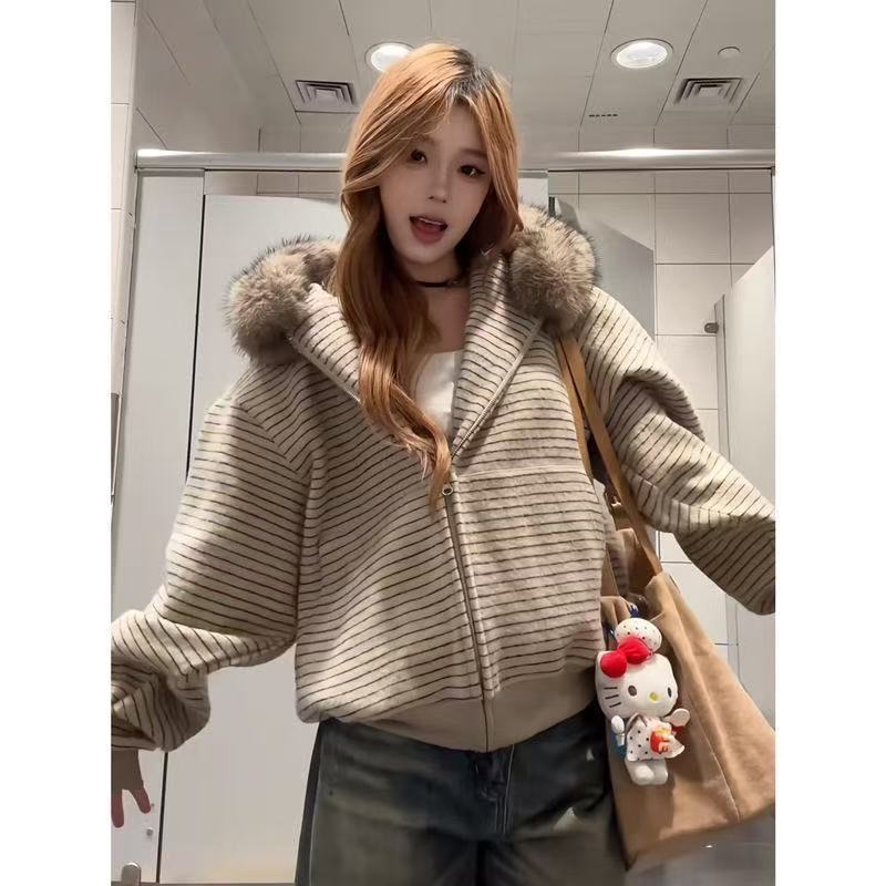 美式复古条纹连帽卫衣外套女秋冬季宽松毛领外穿上衣拉链开衫ins