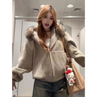 美式复古条纹连帽卫衣外套女秋冬季宽松毛领外穿上衣拉链开衫ins