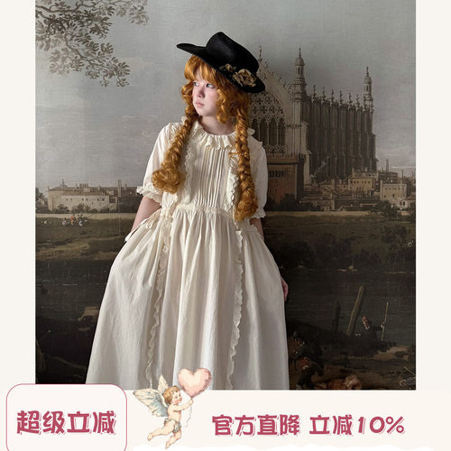 Labeau-无尽夏-甜美复古风琴褶翻领花边短袖连衣裙泡泡袖高腰裙子