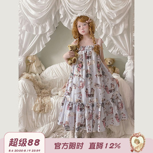 Labeau-天空岛-甜美可爱荷叶花边印花吊带裙夏系带娃娃裙宽松睡裙
