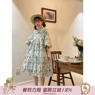 新款 Labeau 夏季 原创复古可爱高腰绿色碎花连衣裙女中长款 小画家