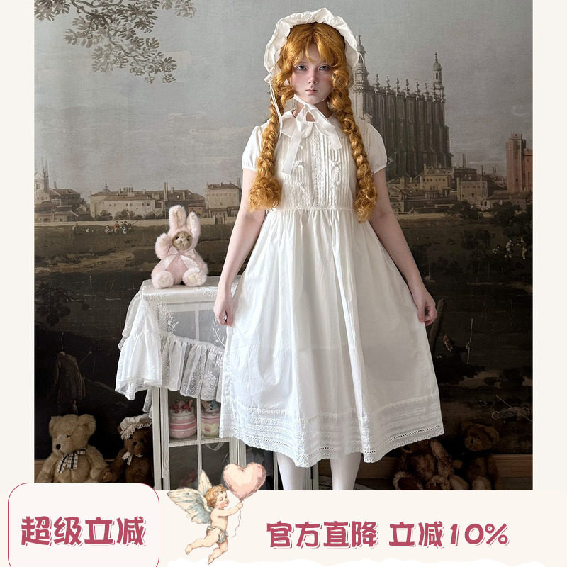 Labeau-无尽夏-甜美可爱风琴褶娃娃领白色连衣裙夏镂空花边裙子图片