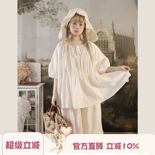 娃娃衫 Labeau 岛 复古可爱圆领系带泡泡袖 女夏慵懒荷叶花边阔腿裤