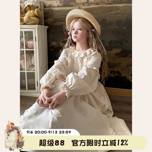 Labeau-岛-复古甜美镂空刺绣风琴褶泡泡袖连衣裙早春宽松高腰裙子