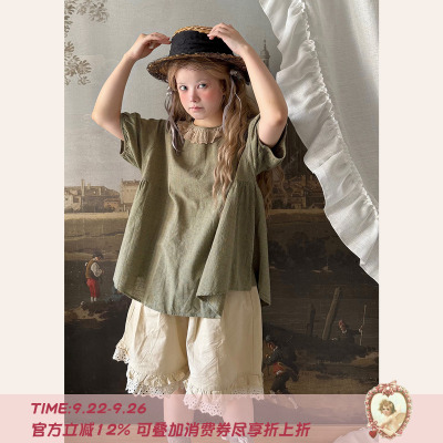 Labeau-岛-甜美复古花边圆领格子短袖T恤女夏宽松廓形泡泡袖上衣