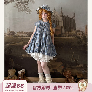 Labeau-无尽夏-复古甜美拼接花边小飞袖格子衬衣女夏纽扣短袖T恤
