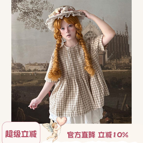 Labeau-无尽夏-复古田园风琴褶格子短袖T恤女夏宽松廓形圆领上衣