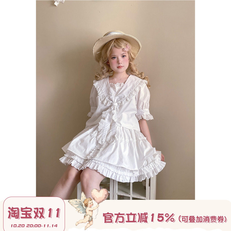 Labeau-芭蕾兔-日系甜美蕾丝海军领白色短袖衬衫上衣半身裙套装女