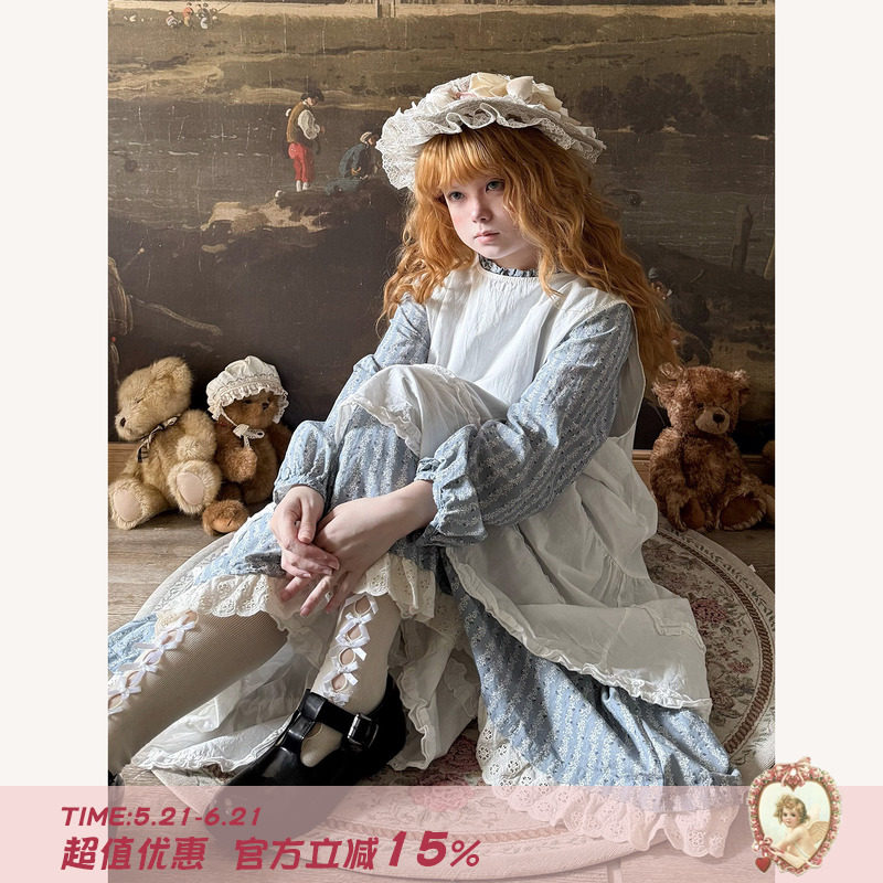Labeau-春雨-可爱甜美镂空花边条纹蓝色碎花连衣裙春白色背心罩裙