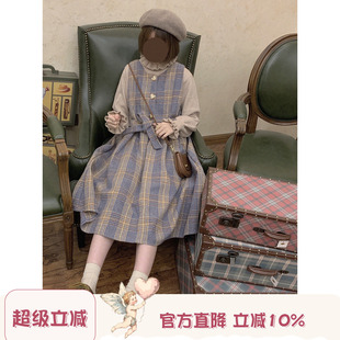 Labeau 高腰呢子连衣裙女复古学院可爱格子刺绣毛呢背带裙 双色堇