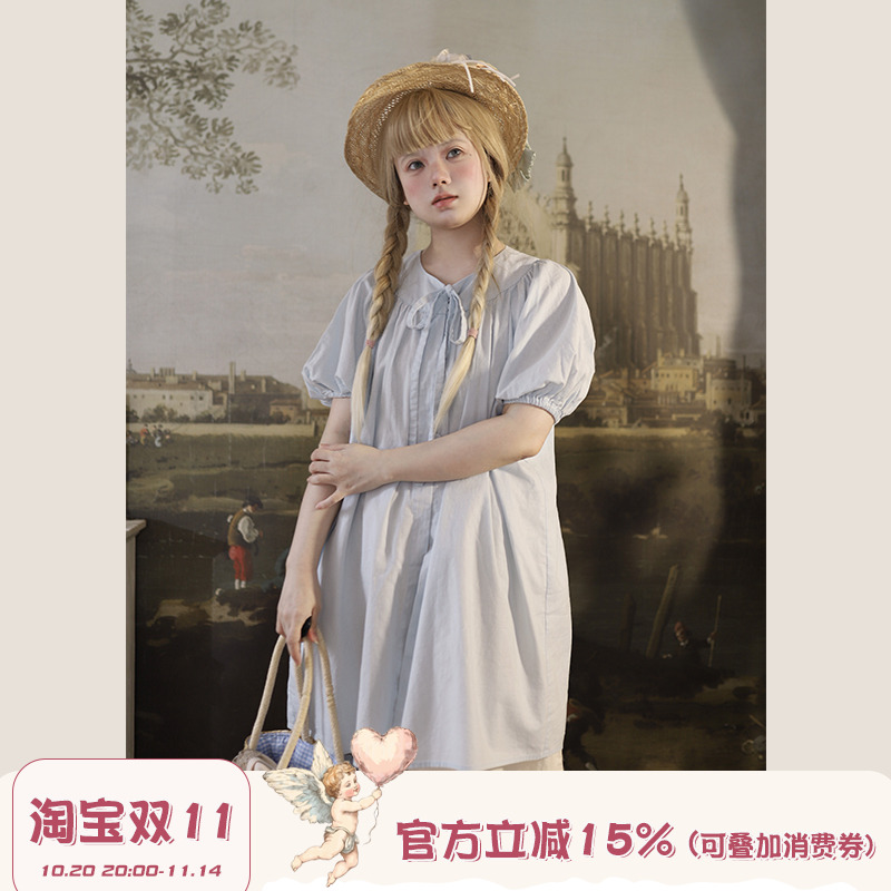 Labeau系带圆领泡泡袖长衬衫