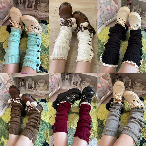 日系复古白色针织腿套