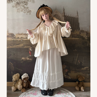 女春季 衬衫 宽松V领衬衣 复古甜美荷叶花边系带泡泡袖 Labeau