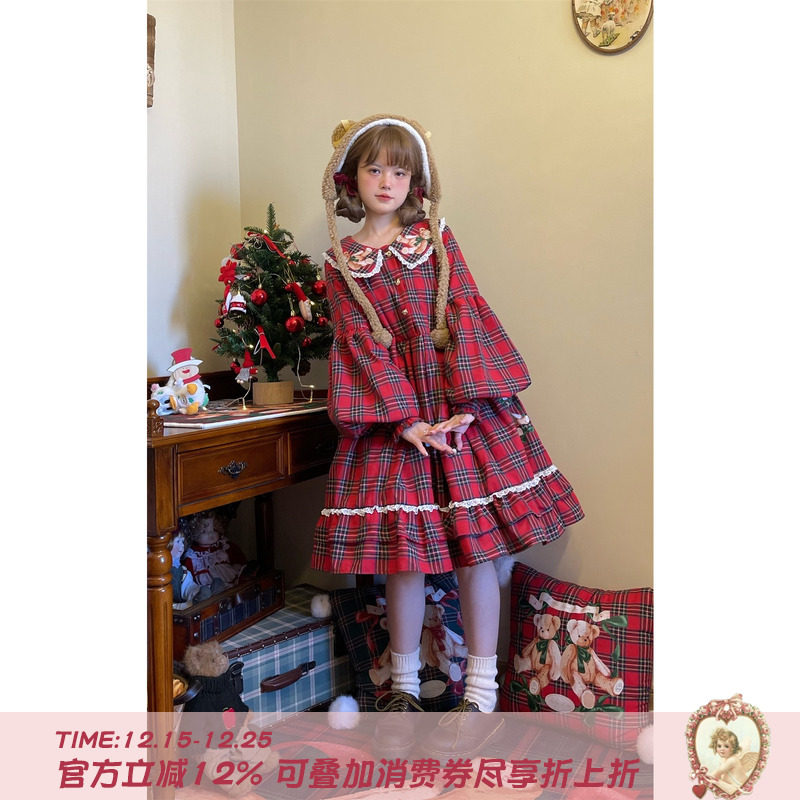 圣诞娃娃领格纹连衣裙