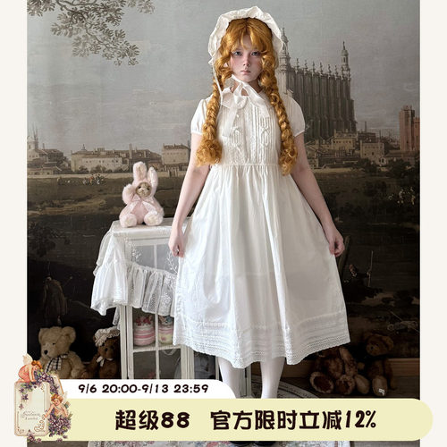 Labeau-无尽夏-甜美可爱风琴褶娃娃领白色连衣裙夏镂空花边裙子