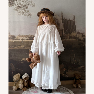 Labeau 花边圆领小白裙高腰松弛感宽松连衣裙 清新可爱泡泡袖