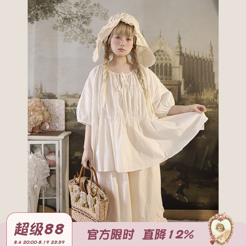 Labeau-岛-复古可爱圆领系带泡泡袖娃娃衫女夏慵懒荷叶花边阔腿裤 - 实物图