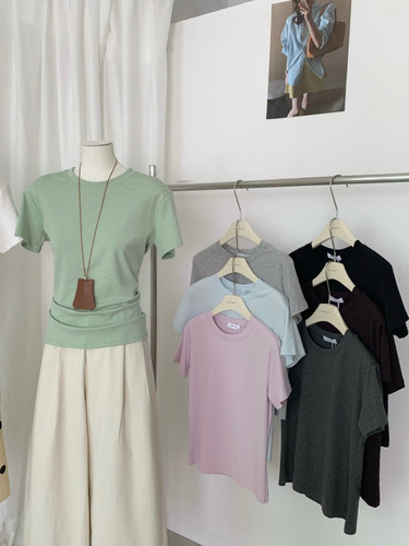 oneseven2026韩系基础款舒适好穿竹节棉纯色短袖T恤正肩显瘦上衣