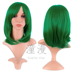 潼漫cos假发草绿色40cm中长款刘海假毛万用动漫演出高温丝短卷女