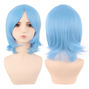 潼漫 cos假发女短发万用混蓝色蓝白色40CM中长齐斜刘海高温丝头套