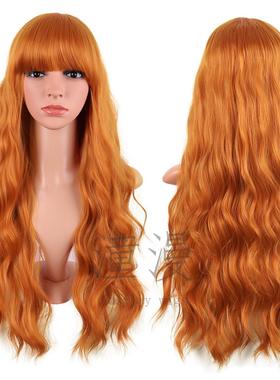 潼漫cos假发动漫红橙色长卷发齐刘海高温丝边蓬松大波浪卷发女