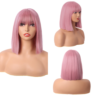 潼漫 假发女短直发网红cos齐刘海一刀切高温丝藕粉色自然全头套式