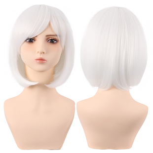 潼漫 cos假发女短发乳白纯白色斜齐刘海高温丝万用波波头直发头套
