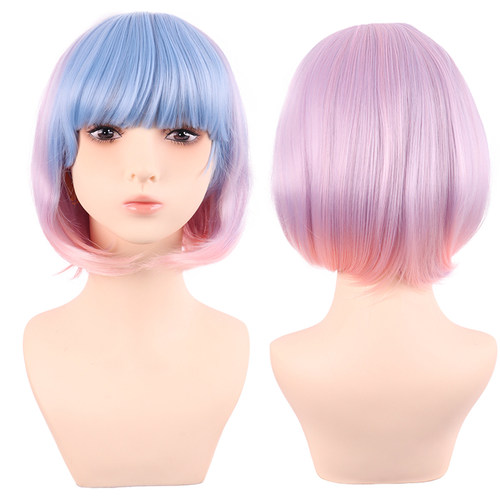潼漫高温丝粉蓝紫波波头cos假发