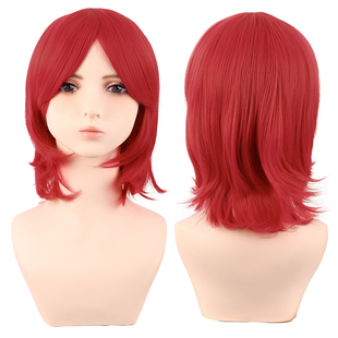 潼漫 cos假发女短发万用板栗色正红色40CM中长齐斜刘海高温丝头套