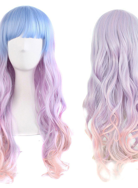 潼漫 cos假发动漫原宿女生蓝紫色渐变粉色大波浪长卷发lolita发套