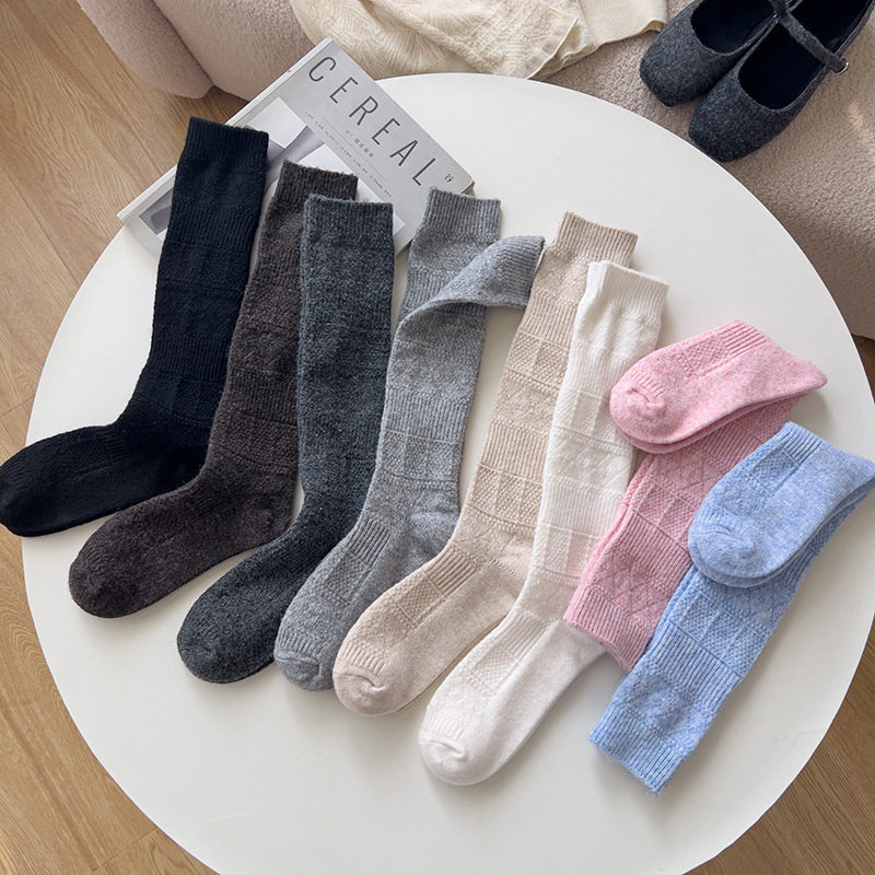 秋冬季暖绒长筒袜子女韩系复古分段式显瘦堆堆袜加厚保暖纯色百搭