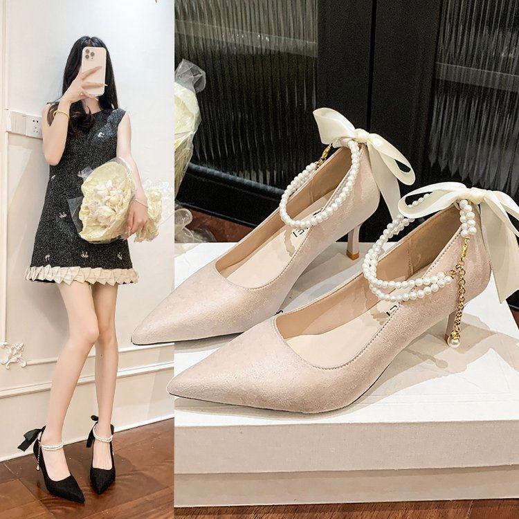 2026新款高跟鞋女一字扣蝴蝶结5厘米尖头细跟工作鞋黑色职业单鞋