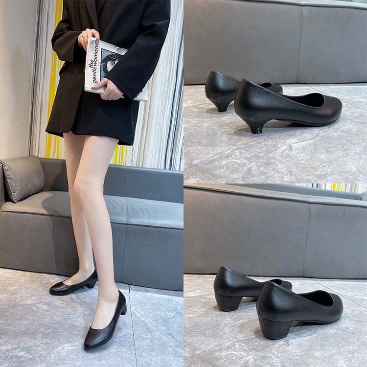 面试黑色圆头软皮粗跟低跟3cm久站不累脚百搭浅口上班工作鞋高跟