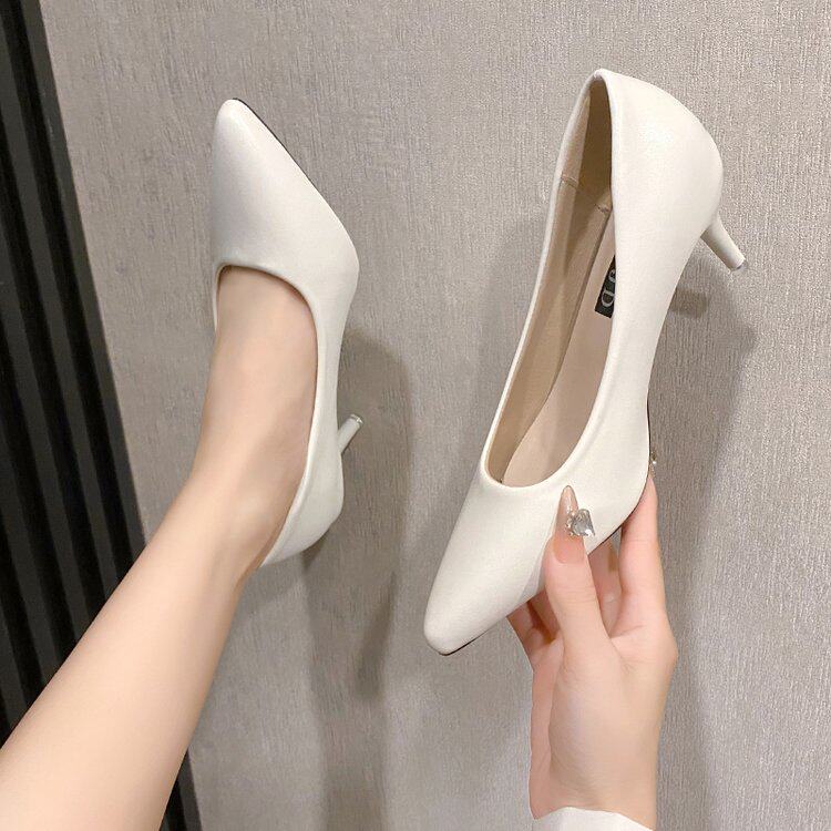 白色高跟鞋女软皮细跟3cm尖头学生工作职业演出礼仪大码面试单鞋