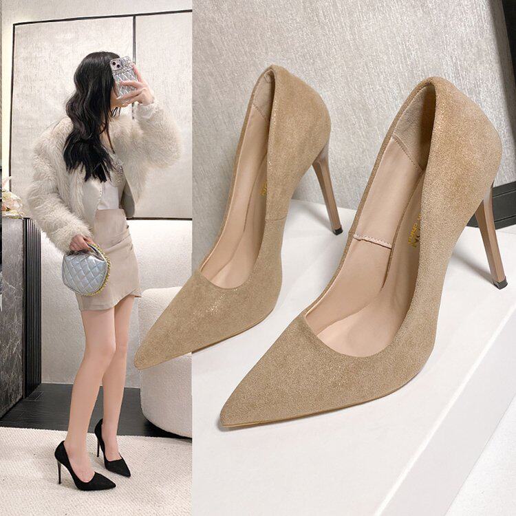 杏色高跟鞋女性感细跟10cm绒面尖头韩版百搭气质工作鞋黑色礼仪鞋