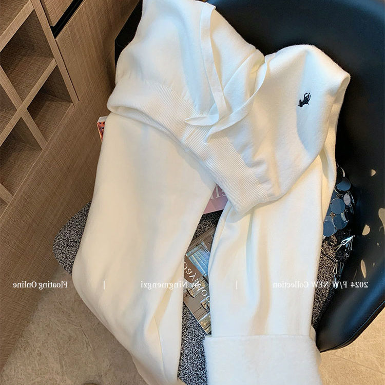 白色刺绣抽绳加绒针织阔腿裤女2024冬季新款软糯垂感显瘦直筒裤子