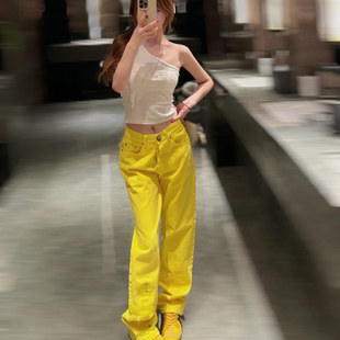 长裤 情侣款 潮 女高街宽松休闲直筒裤 多巴胺发财黄十字架拼皮牛仔裤