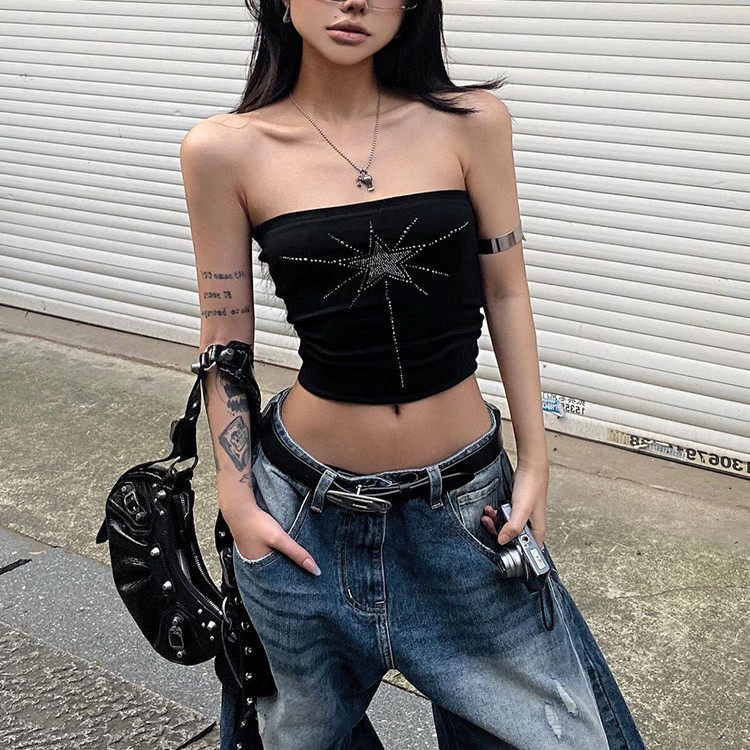 美式纯欲烫钻抹胸吊带背心女夏季新款辣妹修身显瘦短款外穿上衣,女装/女士精品,抹胸,淘宝优惠券,粉丝福利购,淘宝优惠卷